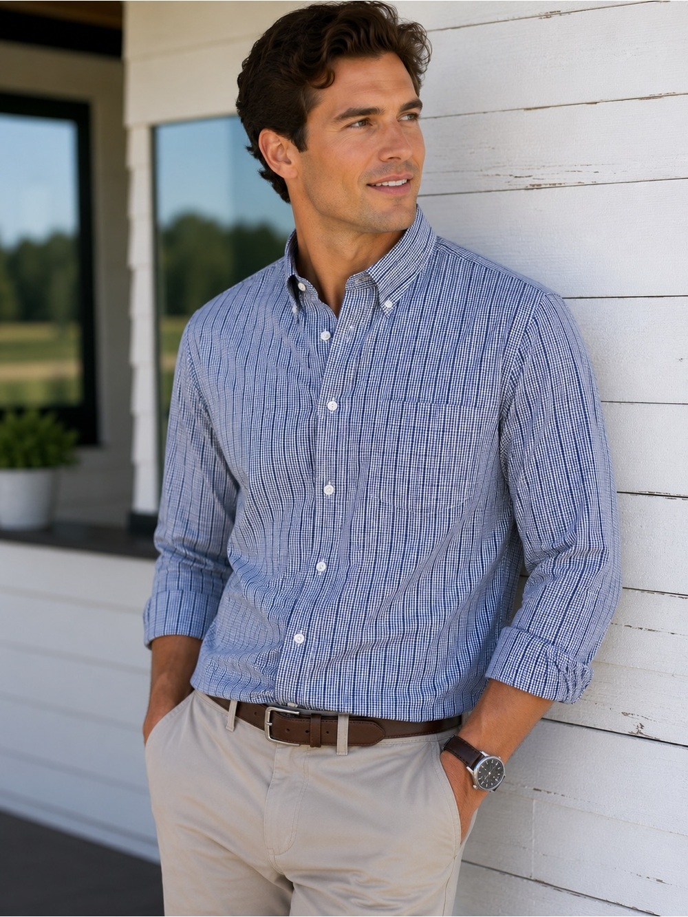 IZOD Quick Dry Regular Fit Long Sleeve Gingham Plaid Dress Shirt- Size Large